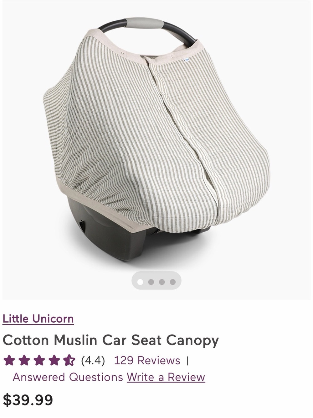 Cotton Muslin Car Seat Canopy - Gray Stripes